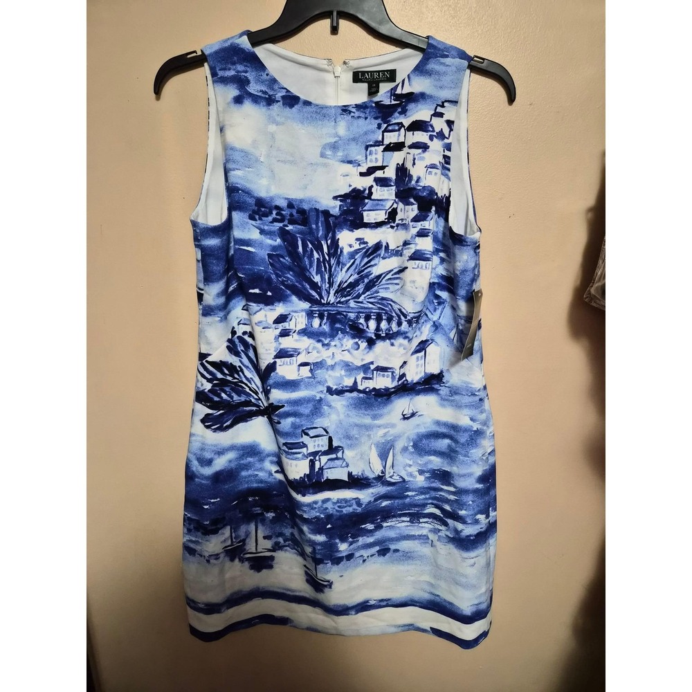 Lauren Ralph Lauren Coastal Print Shift Dress Blue White Sleeveless Size 16 NWT